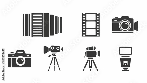 Set of photography and videography equipment icons including cameras, lenses, film, and flash