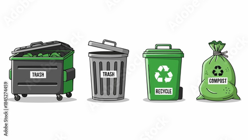 Set of four recycling and trash containers including a dumpster, bin, and compost bag, representing waste management and environmental care