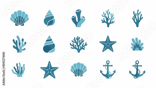 Vibrant Marine Life and Nautical Elements Collection Flat Vector Icons of Seashells, Coral, Starfish, and Anchors for Ocean-Themed Designs and Aquatic Projects