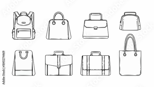 Monochrome line art collection showcasing a variety of everyday bags, from versatile backpacks and professional briefcases to fashionable totes and elegant handbags, for modern design projects