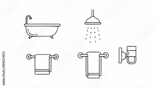 Essential Bathroom Fixture Outline Icons Collection Modern Bathtub, Shower, and Towel Rack Vector Graphics Set for Home Decor and Hygiene Design Projects