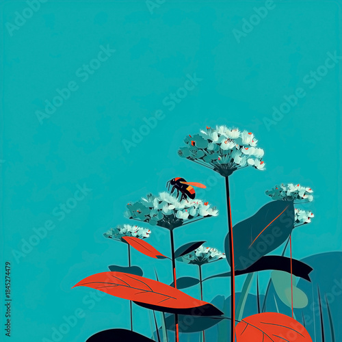 Bee pollinating flowers illustration with biodiversity and nature concept