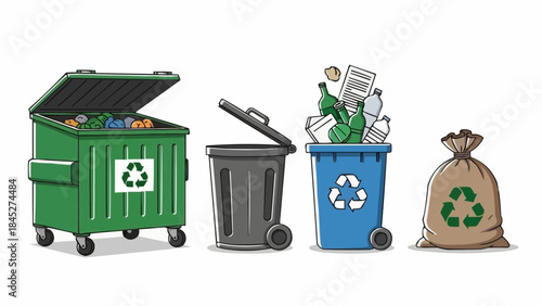 Recycling bins and bag with green recycling symbol illustration