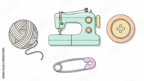 Sewing supplies including a sewing machine, yarn ball, safety pin, and a button for crafting and garment repair