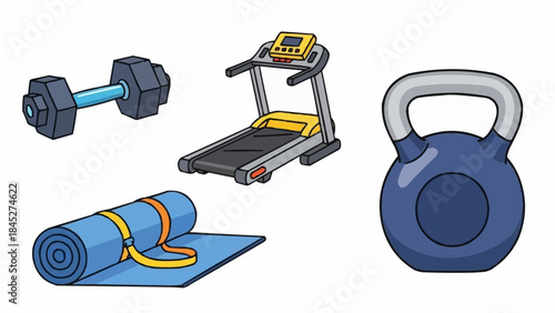 Fitness equipment including a dumbbell, yoga mat, treadmill, and kettlebell for a healthy lifestyle and exercise routine