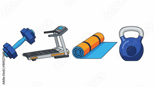 Fitness equipment for a healthy lifestyle, including a treadmill, yoga mat, dumbbell, and kettlebell for workouts
