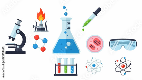 Comprehensive collection of flat vector illustrations depicting essential laboratory tools and scientific concepts across chemistry, biology, and physics for education and research