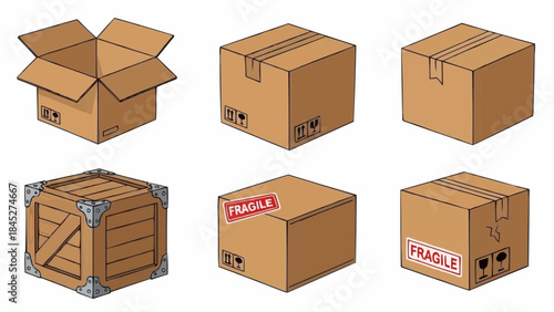 Collection of shipping boxes and crates in various styles and sizes for package delivery and storage