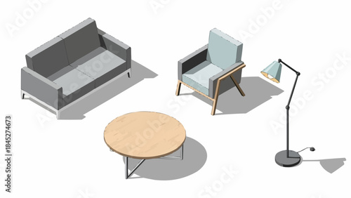 Modern living room furniture set with sofa, armchair, coffee table, and floor lamp