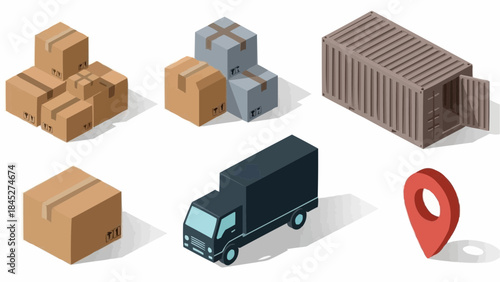 Logistics and delivery icons shipping boxes, cargo container, truck, and location pin