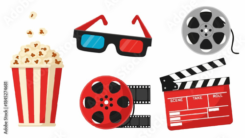 Collection of cinema and movie related icons including popcorn, 3D glasses, film reels, and clapperboard on a white background
