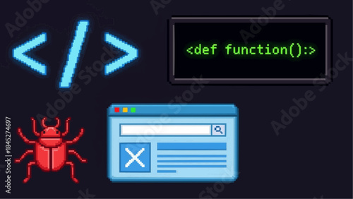 Coding symbols and illustration of a bug, a browser window, and code snippet