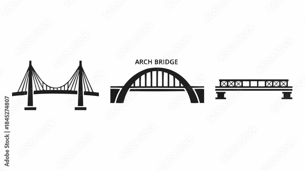 Obraz premium Collection of bridge icons suspension, arch, and beam bridge styles for architecture and engineering projects