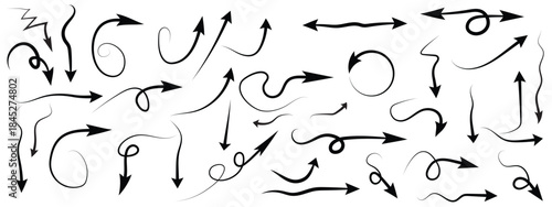 Various black brush drawn curved arrows. Collection doodle marker thick arrows in different directions. Grunge rough direction shape for design. Vector brush strokes,Red pencil arrow doodles
