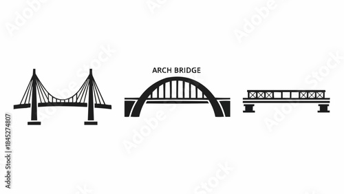 Collection of bridge icons suspension, arch, and beam bridge styles for architecture and engineering projects