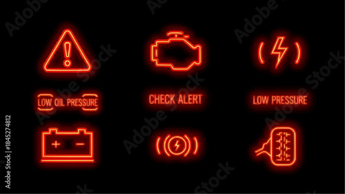 Set of glowing red car dashboard warning light icons. Essential vehicle alerts for driver awareness and automotive diagnostics