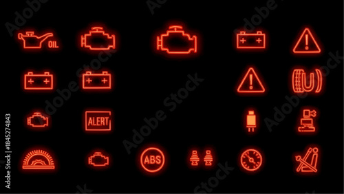 Comprehensive set of illuminated car dashboard warning lights illustrating common vehicle error indicators and safety alerts for automotive diagnostics and maintenance