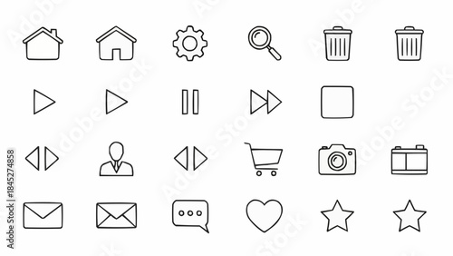 Collection of outline icons representing common user interface elements and digital functions