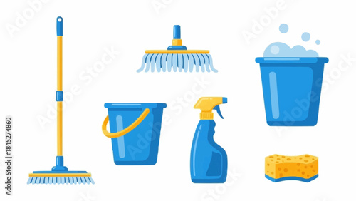 A vibrant collection of essential household cleaning supplies and tools for maintaining a spotless and hygienic home, featuring mops, buckets, sponges, and spray bottles in a modern illustration style