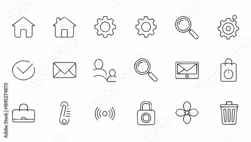 Collection of Simple Line Icons Representing Various Digital and Household Functions