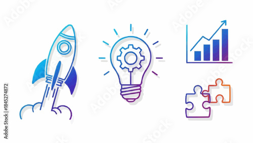 Startup success icons Rocket launch, innovation idea lightbulb, and growth chart with puzzle pieces symbolizing business strategy and progress