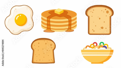 Graphic illustrations of classic breakfast foods a fried egg, pancakes with syrup, toasted bread, and colorful cereal, ideal for morning meal design and healthy eating concepts