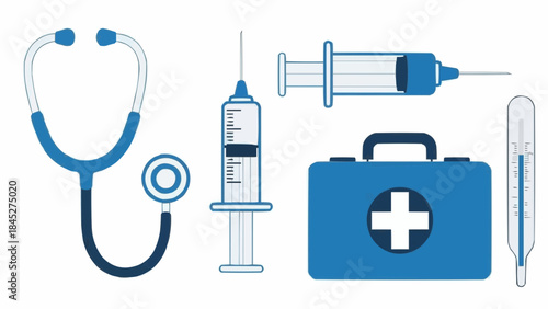Essential medical equipment and healthcare tools flat vector illustration set for healthcare, first aid, and diagnostic purposes