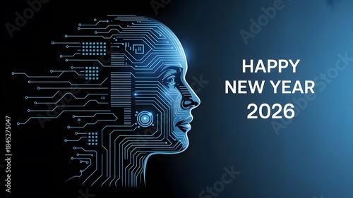 Futuristic Artificial Intelligence Human Head Concept , Happy New Year 2026 Technology and Digital Future Theme