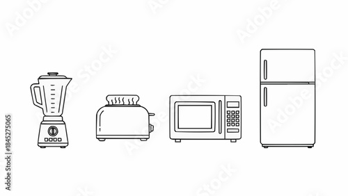 Collection of essential kitchen appliances depicted as modern, clean line art icons, featuring a blender, toaster, microwave oven, and refrigerator, ideal for various graphic design needs