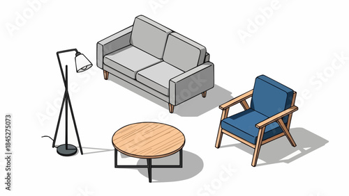 Modern isometric living room furniture set vector illustration with sofa, armchair, coffee table, and lamp. Contemporary home interior design elements for architectural plans or graphic projects