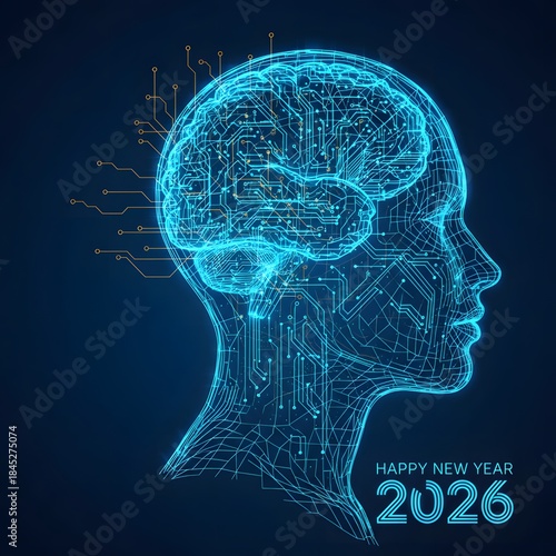 Futuristic Artificial Intelligence Human Head Concept , Happy New Year 2026 Technology and Digital Future Theme