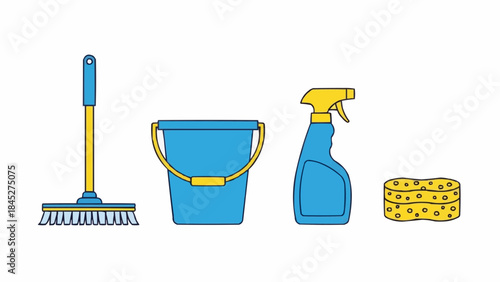 Set of cleaning supplies including a broom, bucket, spray bottle, and sponge