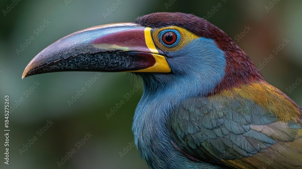 Obraz premium A bird with bright colors and a large beak is shown standing in a green forest. The bird looks towards the viewer with a vivid expression. Sunlight highlights the bird's features