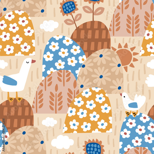 Seamless farm pattern with cute ducks on floral hills. Countryside background for kids, apparel, clothes, textile,wallpaper. Vector texture