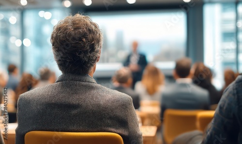 Audience member watches speaker during a blurred indoor presentation or lecture