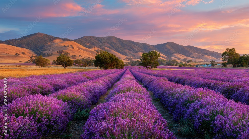 Naklejka premium Beautiful purple lavender field in full bloom under a dramatic sunset sky, with rolling hills and trees in the background