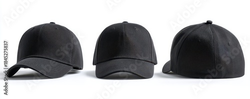 Black Baseball Cap Mockup Set (3 Views): Front, Profile, and Back. Plain dark adjustable sport hat isolated on white background for clothing branding and e-commerce.