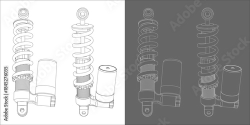 Motorcycle rear suspension shock absorber wireframe on light and dark background