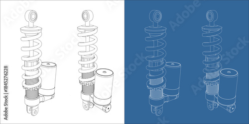 Motorcycle rear suspension perspective view highlighting coil spring and reservoir in wireframe render
