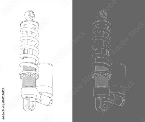 Motorcycle rear suspension close up with single shock absorber wireframe on split background