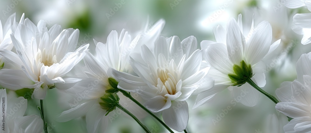 Fototapeta premium Close-up view of white chrysanthemums with green accents, part of a wedding bouquet for the special day, captured in natural light with sharp focus