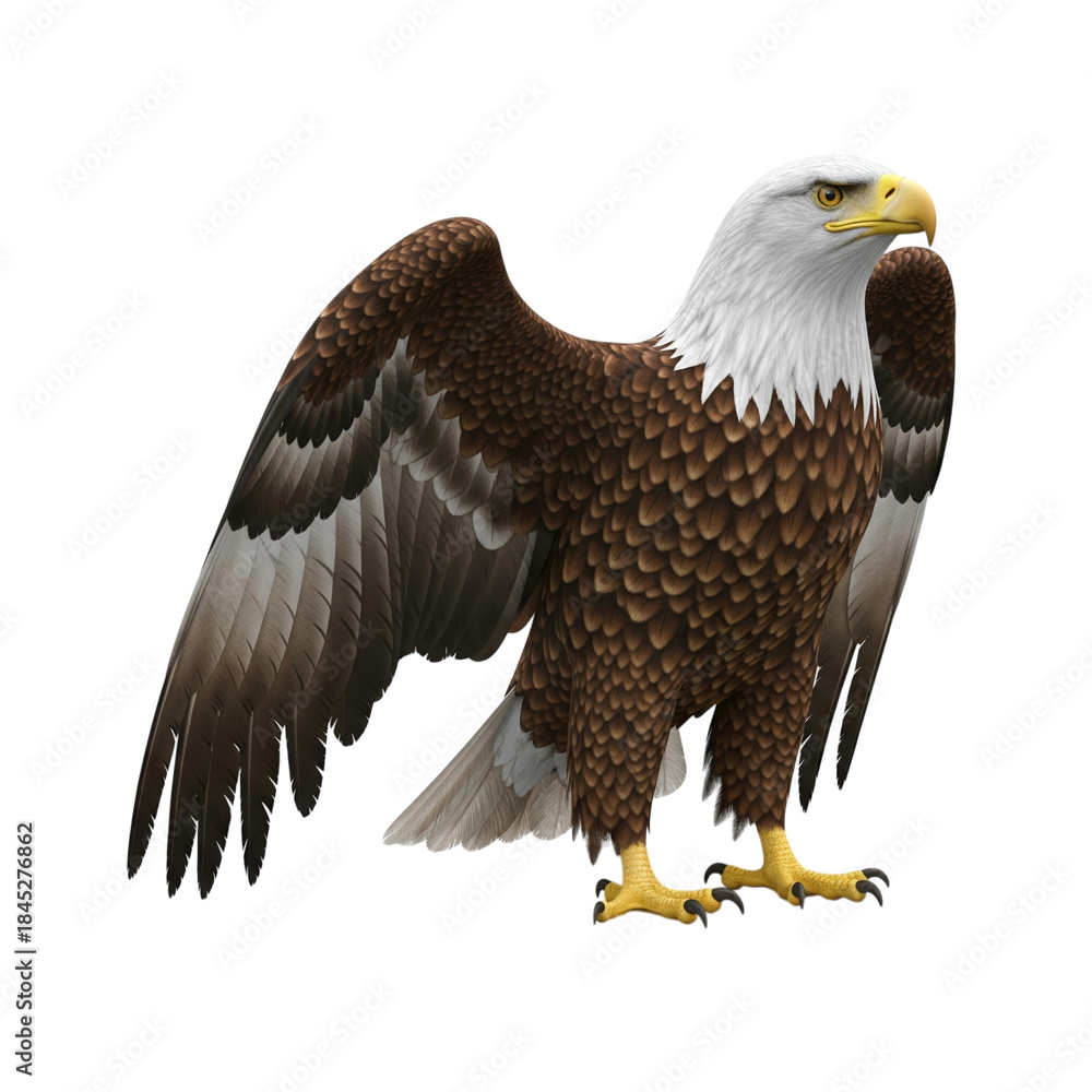 Obraz premium Bald eagle with white head brown wings spread against black background bird raptor
