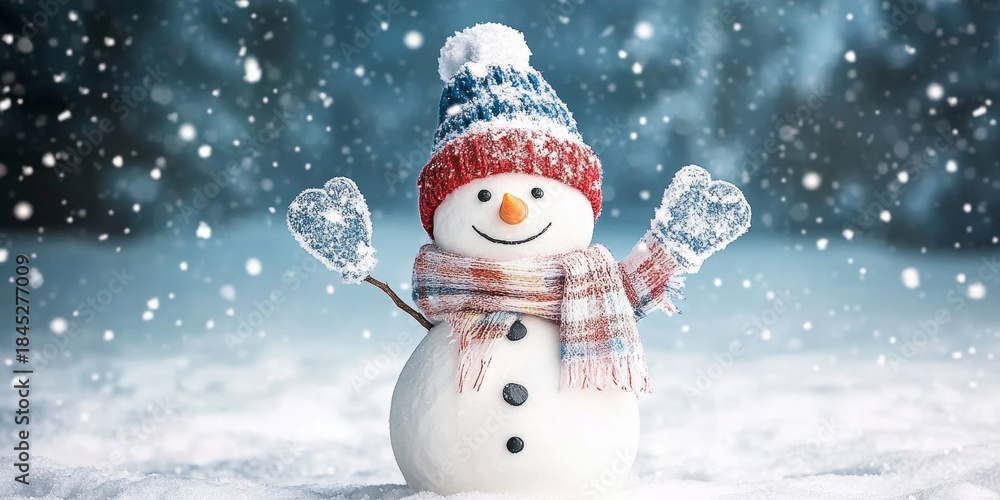 Fototapeta premium Cheerful snowman wearing a colorful scarf and hat, celebrating winter in a snowy landscape scene.