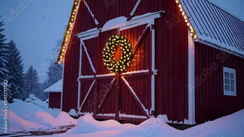 Illuminated barn with christmas wreath amidst winter snowfall at twilight