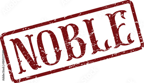 A distressed red rubber stamp displays the word Noble on a white surface