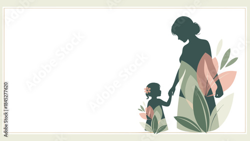 Mother’s Day illustration depicts silhouette mother and child holding hands, adorned with botanical leaves. Mother’s Day graphic symbolizes nurturing maternal love, precious family bond.
