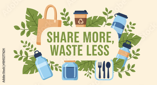 Share more waste less graphic shows reusable items: water bottles, coffee cup, cotton bag, glass jars, cutlery. This share more waste less design promotes eco friendly living, reducing waste.