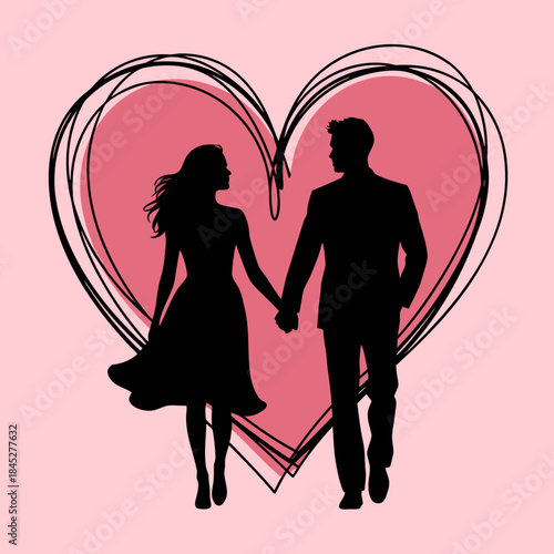 Stylized silhouette of couple holding hands, black figures on pink background, framed by a heart. Loving couple holding hands symbolizes connection. Couple holding hands concept for Valentine's Day.