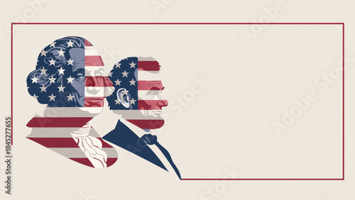 Presidents’ Day design featuring silhouettes of George Washington, Abraham Lincoln, American flag pattern, pale background. Presidents’ Day historical figures symbolize leadership.