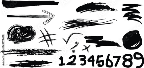Collection of black brush strokes and handwritten digits on white background